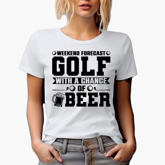 Weekend Forecast, Golf with a Chance of Beer Quote, Golf Player, Golfing or Golfer Themed Merch Gift, White T-Shirt, M