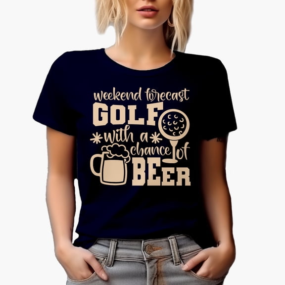 Weekend Forecast, Golf with a Chance of Beer Quote with Ball & Mug, Golf Player, Golfing or Golfer Themed Merch Gift, Navy Blue T-Shirt, X-Large