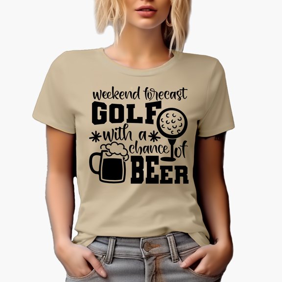 Weekend Forecast, Golf with a Chance of Beer Quote with Ball on a Tee & Mug, Golf Player, Golfing or Golfer Themed Merch Gift, Tan T-Shirt, L