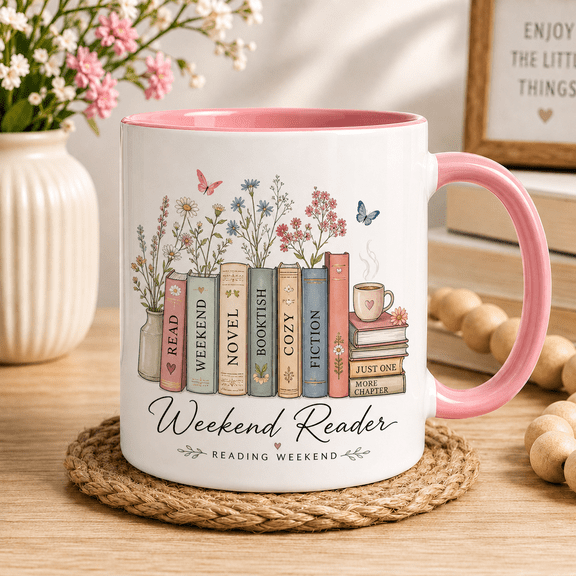 Weekend Reader Ceramic Coffee Mugs Personalized Floral Bookshelf Gift for Book Lovers 11 oz 15 oz