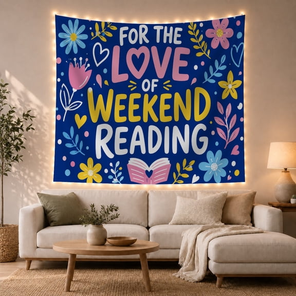 Weekend Reading Quote With Flowers, Playful Illustration Style for Book Lovers, Literary Wall Decor, Graduation Gift, Tapestry Wall Hanging for Bedroom and Reading Nook