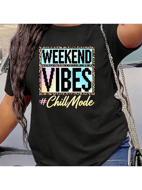 Weekend Vibes Chill Mode Graphic T‑Shirt for Women, Retro Pixel Leopard Border Casual Short Sleeve Summer Tee