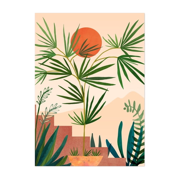 Weekend in Mojave - Painting Botanical Palm Tree Tropical Minimalist Sunset Desert Modern Art Unframed Wall Art Print 5 x 7 inches