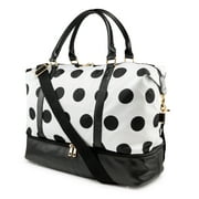 Weekender Bag Travel Duffle for Women Men Overnight Carry On Tote with Shoe Compartment and Luggage Sleeve- White Base/ Black Polka Dot
