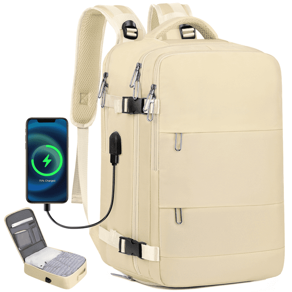 CshidWorld Travel Backpack for Women with USB Charging Port, TSA-Approved Laptop Backpack, Lightweight Carry On Backpack Fit 15.6” Laptop for Weekend Trips, Business Travel & Hiking,Beige