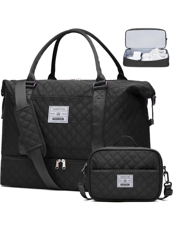 Weekender Bags for Women, Carry on Overnight Weekend Travel Duffel Bag with Shoes Compartment &Toiletry Bag, Personal Item Bag for Travel Business Trips Sport Hospital(Black)