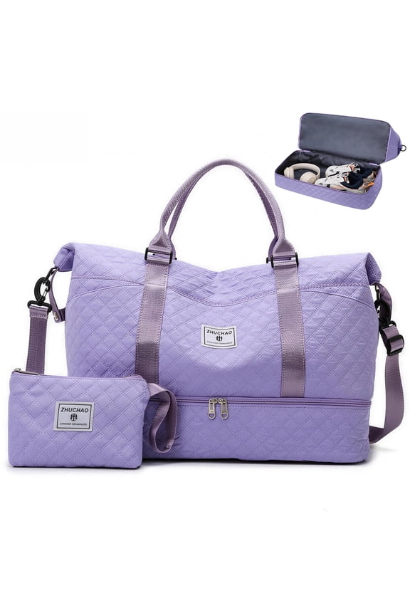 Weekender Bags for Women, Carry on Travel Duffel Bags with Shoe Compartment, Waterproof Overnight Bag with Wet Pocket and Toiletry Bag, Gym Bag Travel Essentials (Purple)