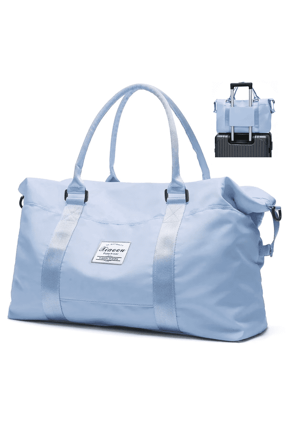 37L Travel Duffle Bag, Waterproof Weekender Carry On Tote Bags for Women, Sport Gym Bag for Men, Hospital Bag for Labor and Delivery, Overnight Luggage Bag with Trolley Sleeve Coral, Light Blue