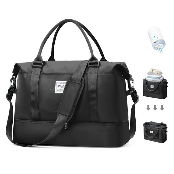 Vacuum Compression Weekender Bag for Women, Travel Vacuums Bag with Air Pump, Carry On Personal Item Bag for Travel, Vacuum Seal Duffel for Airlines Overnight Tote Bag with Storage Pockets Black