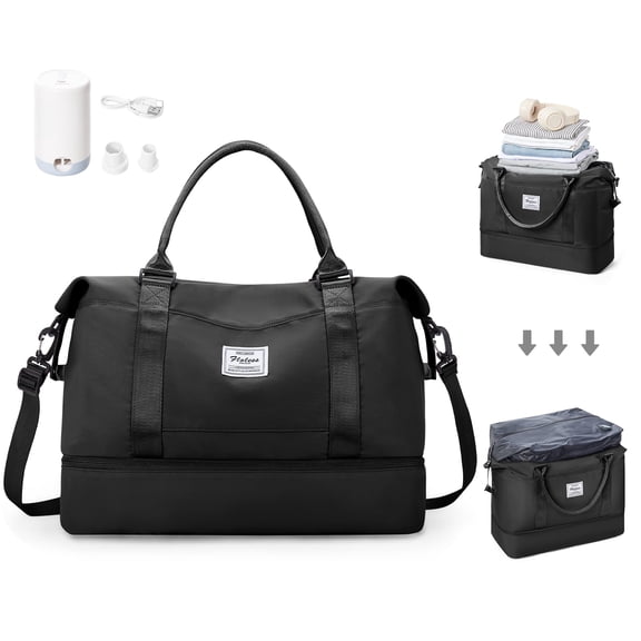 Vacuum Compression Weekender Bag for Women, Travel Vacuums Bag with Air Pump, Carry On Personal Item Bag for Travel, Vacuum Seal Duffel for Airlines Overnight Tote Bag with Storage Pockets​ Black