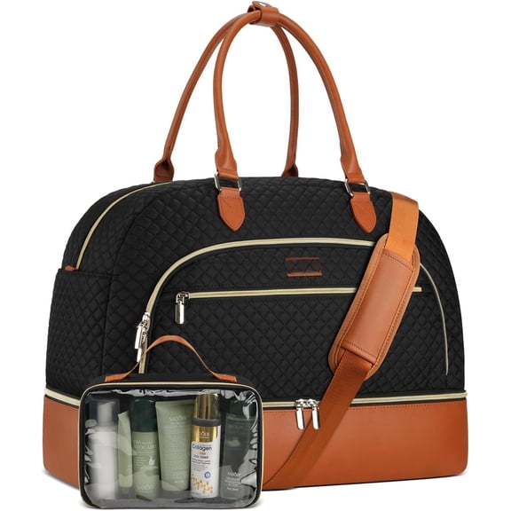 Weekender Bags for Women, Large Travel Duffel Bag Carry on Overnight Bag with Shoe Compartment and Toiletry Bag for Travel Business Gym , Black Brown
