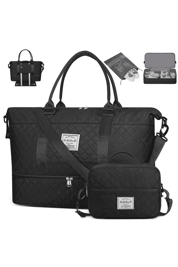 Women Travel Duffle Bag with Shoe Compartment, Carry on Overnight Bag Weekender Bag Travel Bag Duffel Tote Yoga Gym Bag with Wet Pocket and Toiletry Bag for Labor and Delivery, Black