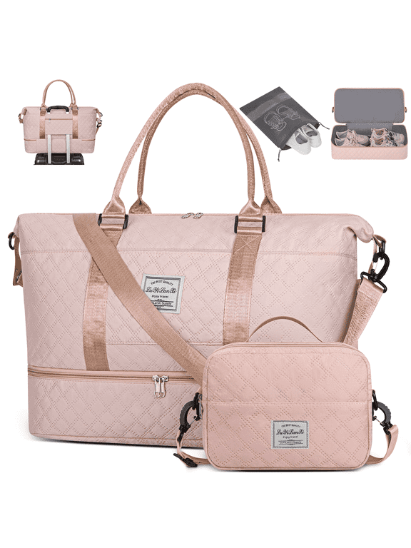 Large Women Travel Duffle Bag with Shoe Compartment, Carry on Overnight Bag Weekender Bag Travel Bag Duffel Tote Bag Yoga Gym Bag with Wet Pocket and Toiletry Bag for Labor and Delivery, Pink
