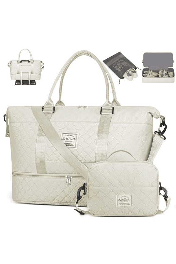 Large Women Travel Duffle Bag with Shoe Compartment, Carry on Overnight Bag Weekender Bag Travel Bag Duffel Tote Bag Yoga Gym Bag with Wet Pocket and Toiletry Bag for Labor and Delivery, Beige