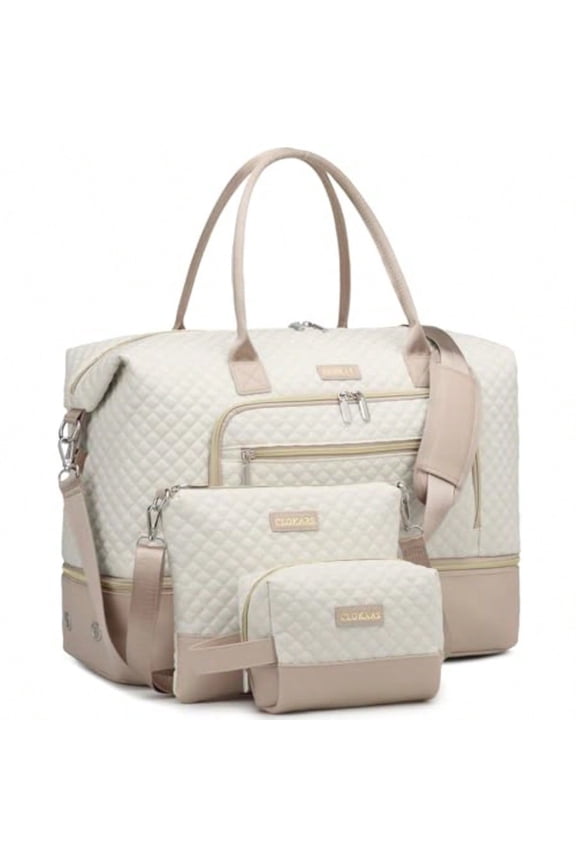 Weekender Bags for Women Travel Duffle Bag Carry On Overnight Bag with Cosmetics Bag and Crossbody Purse for Gym Hospital Gifts for Women Beige Pink