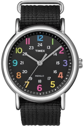 Weekender Black Dial Strap Silver Case Rainbow Numeral Quartz Watch T2N855