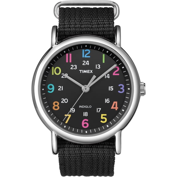 Weekender Black Dial Strap Silver Case Rainbow Numeral Quartz Watch T2N855
