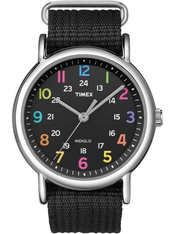 Weekender Black Dial Strap Silver Case Rainbow Numeral Quartz Watch T2N855
