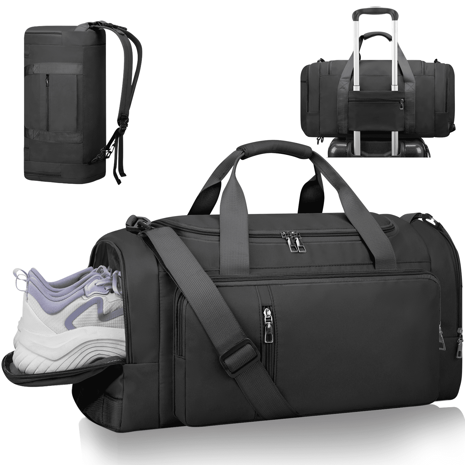 CshidWorld 40L Convertible Gym Bag Backpack with Shoe Compartment & Wet Pocket - Waterproof Travel Duffle Bag for Men & Women, Anti-Theft Carry On Weekender Overnight Bag - Black