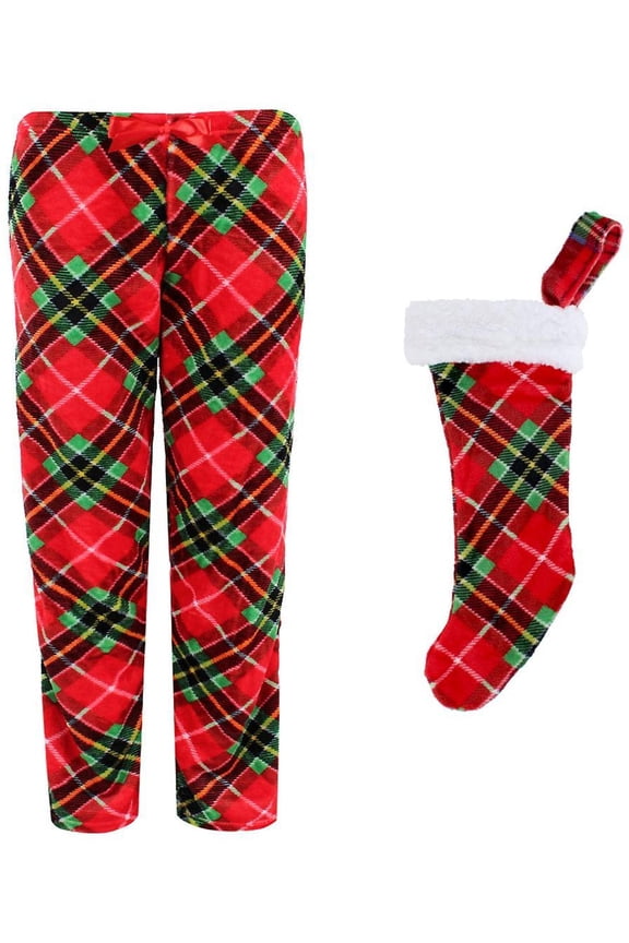 Juniors Girls Plaid Holiday Plush Pant with Stocking Set
