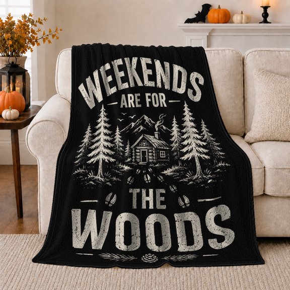 Weekends Are, Peaceful Mountain Lake Scene, Warm Flannel Blanket for Cabin and Lodge with Detailed Artwork with Rich Color Accents, Outdoor Lovers Camping Gift, Artistic Home Decor
