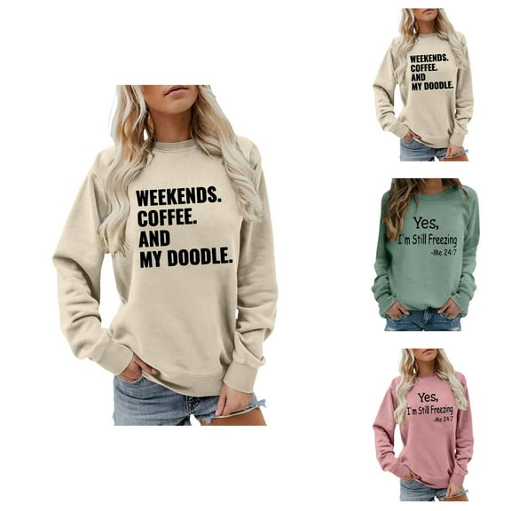 Weekends Coffee And My Doodle Sweatshirts for Women 2025 Long Sleeve Crewneck Funny Graphic Sweatshirt Pullover Tops