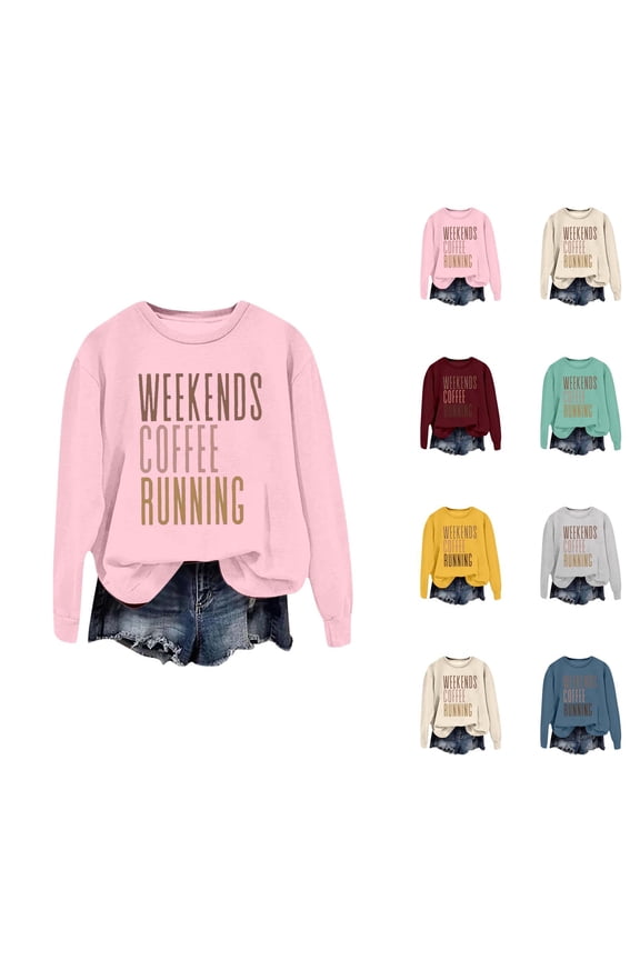 Weekends Coffee Running Sweatshirts for Women 2025 Long Sleeve Crewneck Runner Sweatshirt Pullover Tops