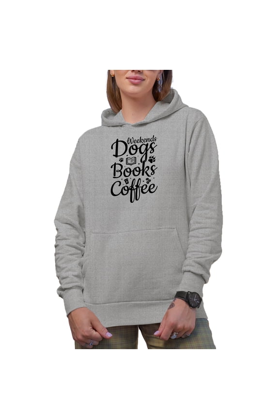 Weekends, Dogs, Books, Coffee, Dog or Fur Parent Book Lover Quote, Heather Grey Hooded Sweatshirt or Hoodie, Medium