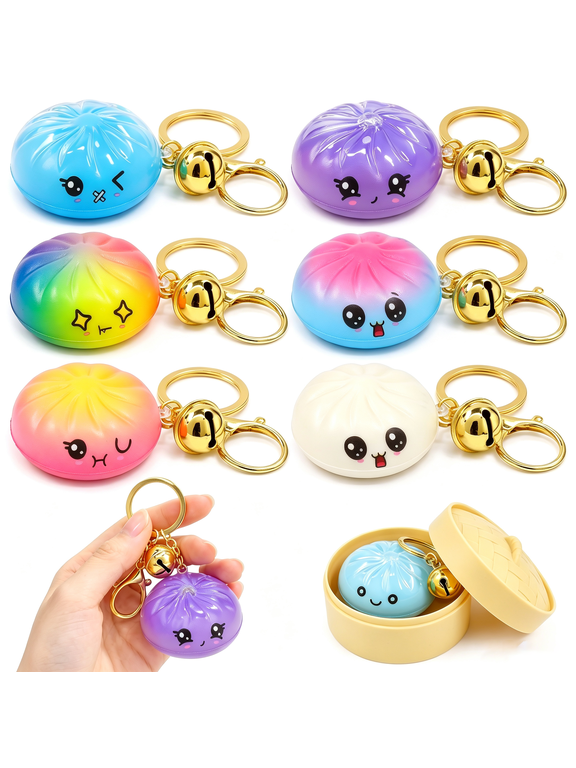 Emotional Dumplings Supports, 8Pack Mystery Squishy Bun Keychain Set, SlowRising Fidget Charms with Bell & Mini Steamer Box, Random Color Holiday Birthday Present
