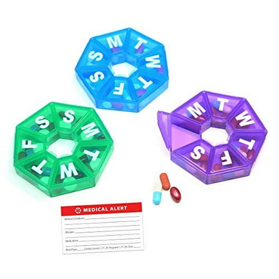 Pill Thing Weekly 7-Sided Transparent Pill Organizer, Blue/Green/Purple, 3 Pack