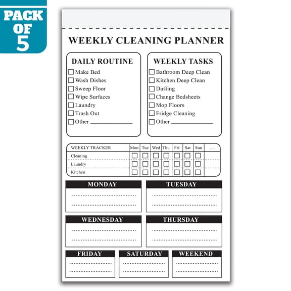 Weekly Cleaning Planner Notepad 5.5 x 8.5 Inch, Pack of 5 Weekly Cleaning Schedule Pads, Household Cleaning Checklist, Home Organization Planner, 50 Sheets Per Pad, Made in USA