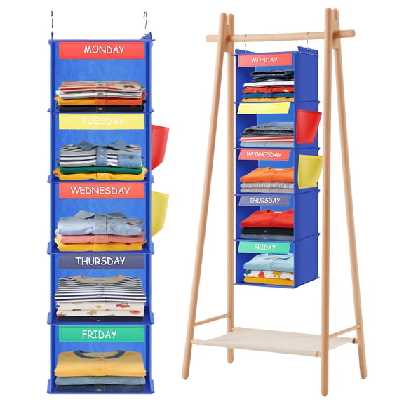Weekly Clothes Organizer 5 Shelf Hanging Closet Storage for School Outfits Monday to Friday Daily Clothing Divider with Color Labels, 39" Durable Polyester
