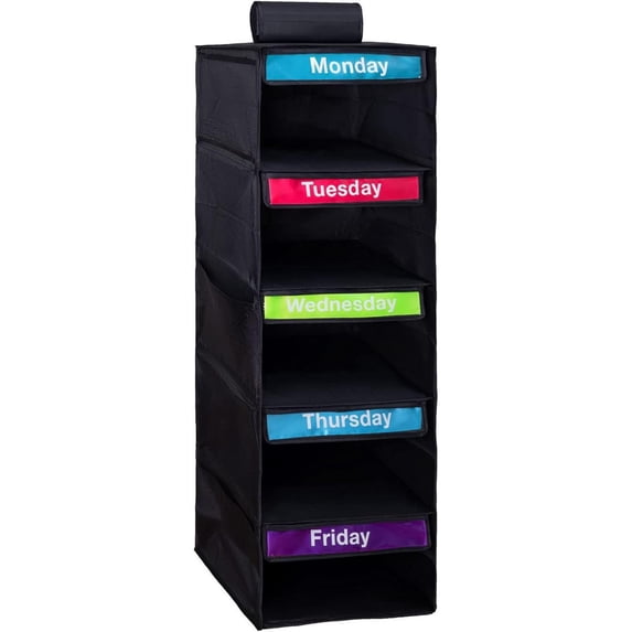 Weekly Clothes Organizer Hanging Shelf 5 Tier Outfit Storage with Side Mesh Pockets for Bedroom Dorm Closet