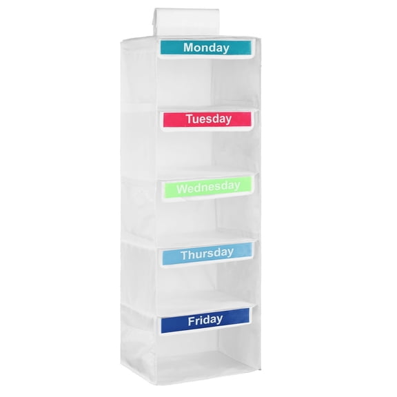 FVKRNYZ 5 Tier Weekly Clothes Organizer for Kids 32.7” Polyester Weekly Shelf Hanging Closet Organizer for Hats T-Shirts Bags Towels