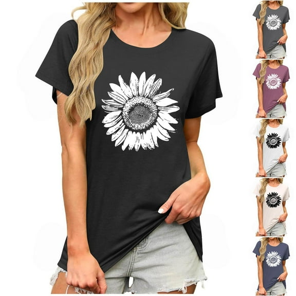 PXLKNZH Short Sleeve Flower Shirts for Women Crewneck Casual Summer Tops Loose Fit Going Out Graphic Tees,Red,XL