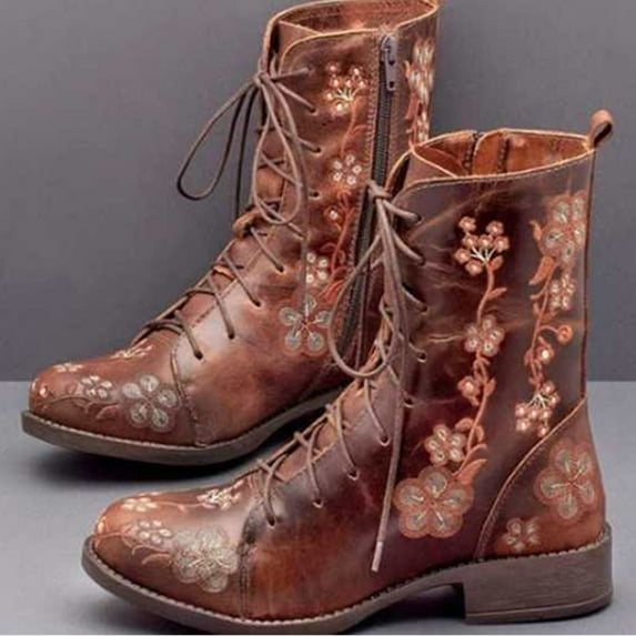 Weekly Deals! Tejiojio Clearance Women's Printed Embroidered Boots Over Feet Round Toe Chunky Ankle Boots