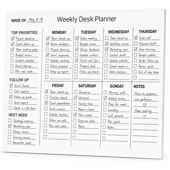 Weekly Desk Planner Pad, Undated -Off Weekly Planner Notepad, 11" x 8.5", 60 Sheets, Top-Glued Desk Planning Pad with Top Priorities, Daily Checklists, Follow Up, Next Week & Notes