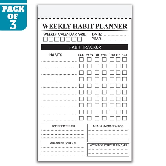 Weekly Habit Planner Notepad 5.5 x 8.5 Inch, Pack of 3 Habit Tracker Pads, 50 Sheets Per Pad, Weekly Goal and Productivity Planner for Home, Office, School, Made in USA