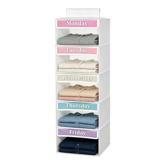5-Compartment Weekly Clothes Organizer - Hanging Wardrobe Bag with Day Labels | Space-Saving 5-Layer Storage Bag, FoldableClothes Organizer for Outfit Planning (12 x 12 x 34 in)