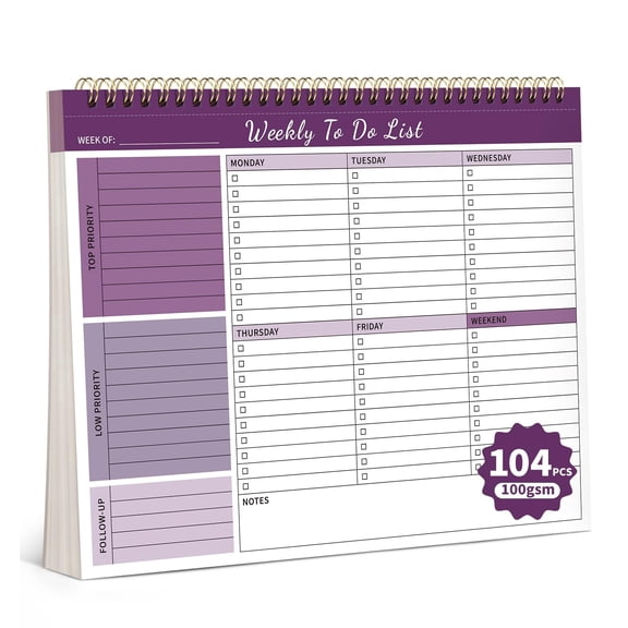 Weekly To Do List Notepad, 52 Undated Sheets (8.5"×11") Duplex-Printed Weekly Desk Planner For Work Home School Office Desk Accessories Supplies & Goal Setting Tasks - Purple