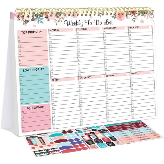 Weekly To Do List Notepad with 52 Undated Sheets, 8.5"×11" Weekly Desk Planner Undated Weekly Planner with Spiral Bound for Women & Man Home School and Work, Pink