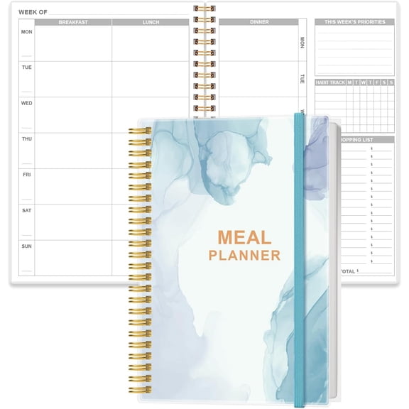 Weekly Meal Planner Notebook,A5 Weekly & Daily Meal Prep Journal with Shopping and Grocery Lists for Menu Planning, Lasts 1 Year, Blue Watercolor