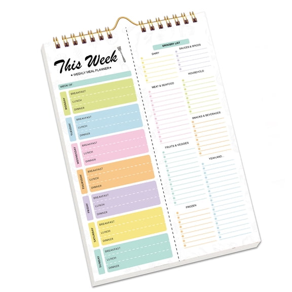 Weekly Meal Planner Notebook With Tearable Grocery Lists And Strong Spirals Binding For Organized Kitchen Refrigerator