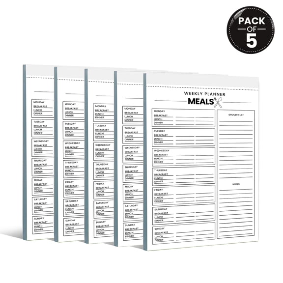 Weekly Meal Planner Notepad 5.5 x 8.5 Inch, Pack of 5 Weekly Meal Planning Pads, 50 Sheets Per Pad, Breakfast Lunch Dinner Organizer with Grocery List and Notes, Made in USA