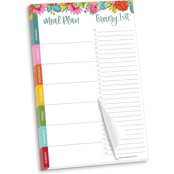 Weekly Meal Planning Pad - Magnetic Hanging Refrigerator Menu Planner with Tear-Off Sheets & Perforated Grocery Shopping Lists 6 x 9 (Pink Floral)