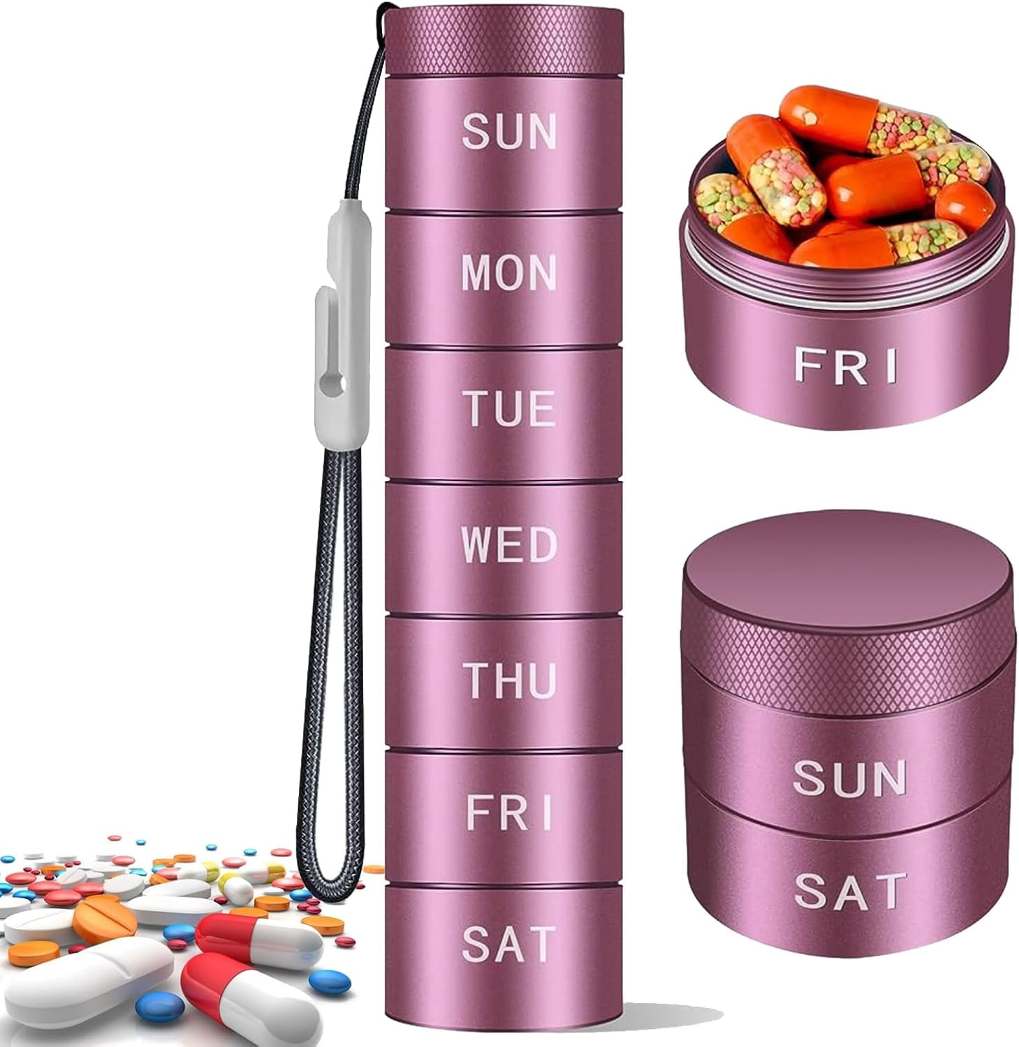 Weekly Pill Box Bpa Free, Travel Pill Organizer Aluminum Waterproof Medicine Tablet Dispenser, Screw Top Pill Bottle Detachable Daily Pill Case To Hold Pills, Vitamins, Fish Oil, Supplements