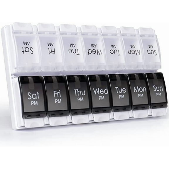 Weekly Pill Box Organiser, Large Daily Pill Organiser 2 Times a Day, Travel Tablet Organiser with Easy Push Button Design for Meds, Vitamin, Fish Oil