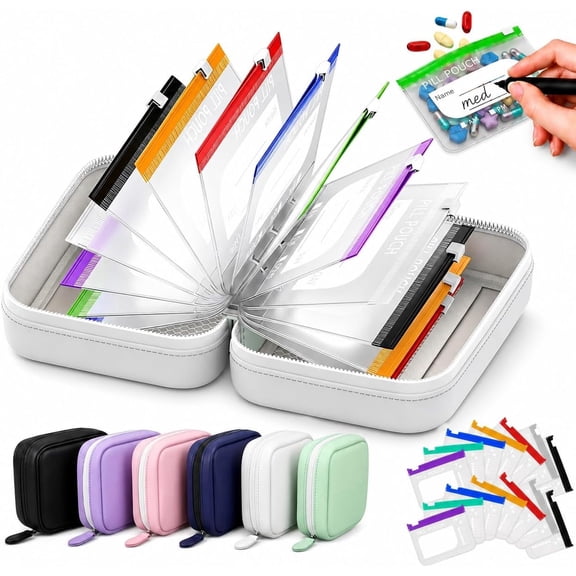 Weekly Pill Organizer with 14 Coded Waterproof Pouches, Large Reusable Medicine Travel Case with Binder-Style Metal Rings,with Color-Coded Labels (Gray)