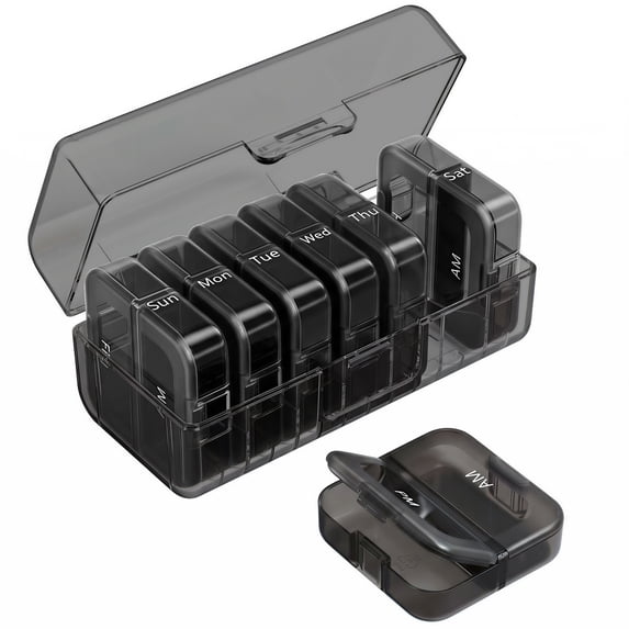 Weekly Pill Organizer 2 Times a Day, 7 Day Large Pill Box, Pill Case AM PM for Travel, Medication Container for Daily Vitamin,Supplements and Medicine, Morning and Night (Black)
