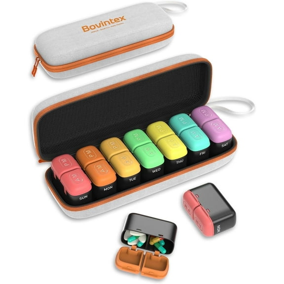 Weekly Pill Organizer 2 Times a Day, 7 Day Travel Medicine Pill Organizer with Moisture-Proof Silicone Lid, Large AM PM Daily Pill Bottle for Vitamins & Supplements, Pocket-Size Pill Box(Rainbow)